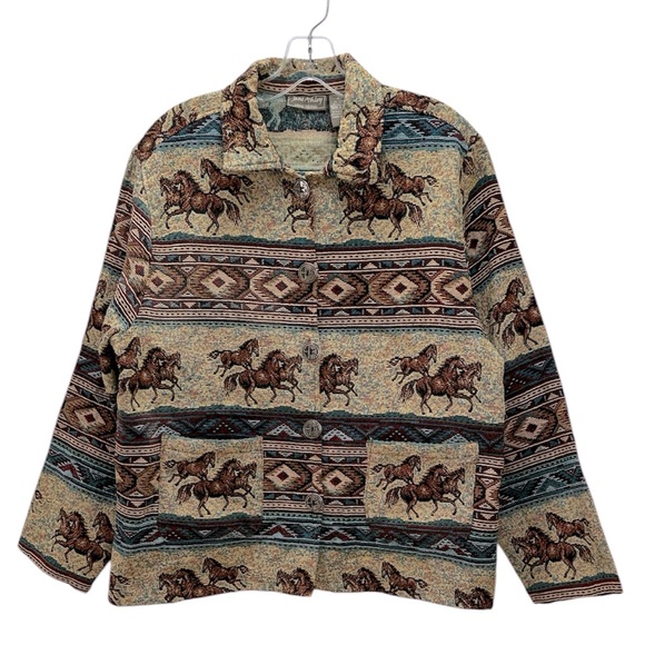 Vtg Jane Ashley Horse Print Tapestry Button Up Jacket L Western Equestrian - Picture 1 of 15